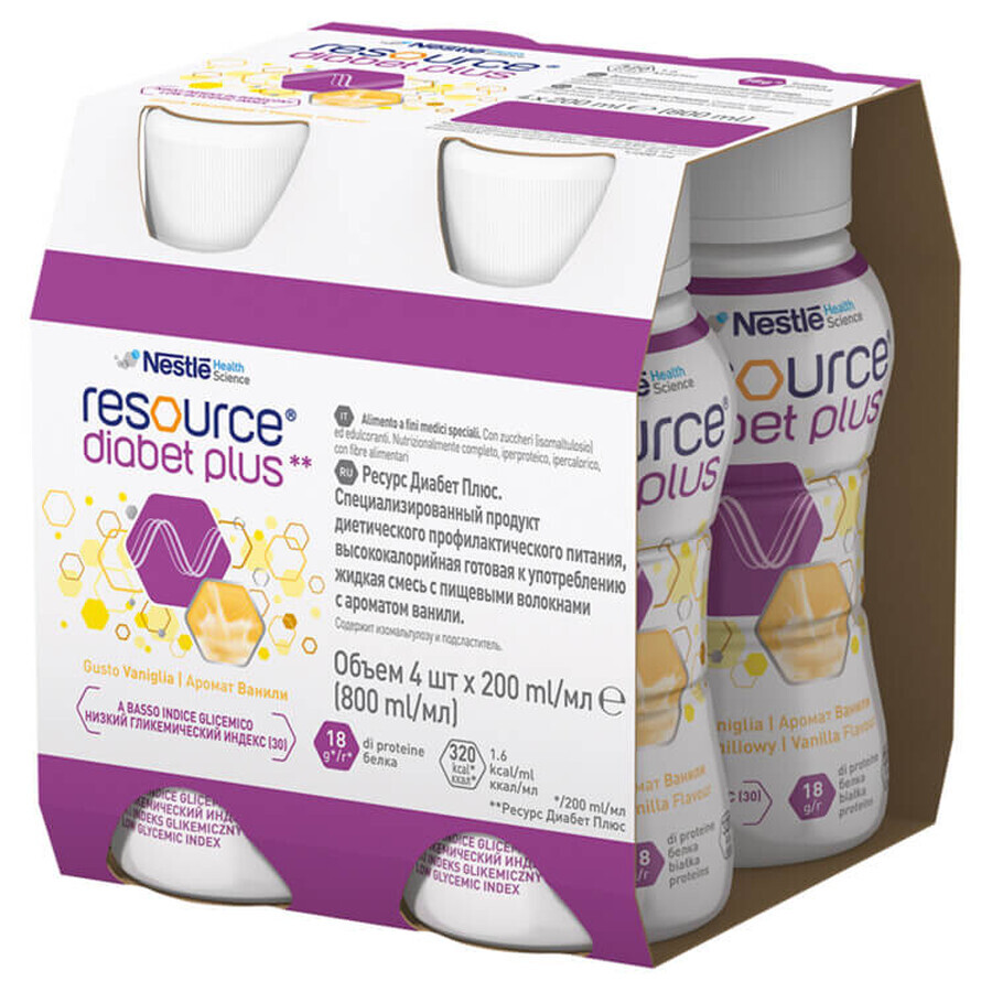 Resource Diabetes Plus, saveur vanille, 4 x 200 ml + Sac de courses gratuit