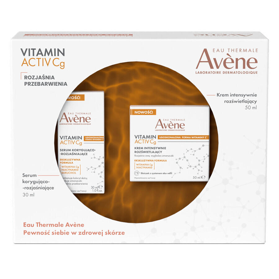 Avene Vitamine Cg Innovatieve verjongende verzorging om hyperpigmentatie te verhelderen, corrigerend en verhelderend serum, 30 ml + intensief verhelderende crème, 50 ml