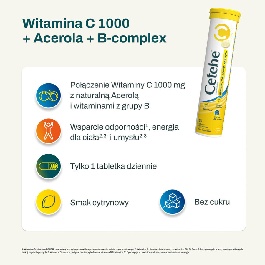 Cetebe Vitamine C 1000 + Acérola + B-complex, goût citron, 20 comprimés effervescents