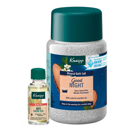 Kneipp Good Night Set de pin suisse et d'amyris, cristaux de bain avec sel minéral, 500 g + huile corporelle, pamplemousse, safran, huile, 20 ml pour 1 sou