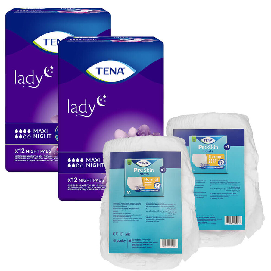 Tena Lady set, serviettes hygiéniques spécialisées, Maxi Night, 2 x 12 pcs + ProSkin Pants Culotte normale absorbante, taille M et L, 2 échantillons