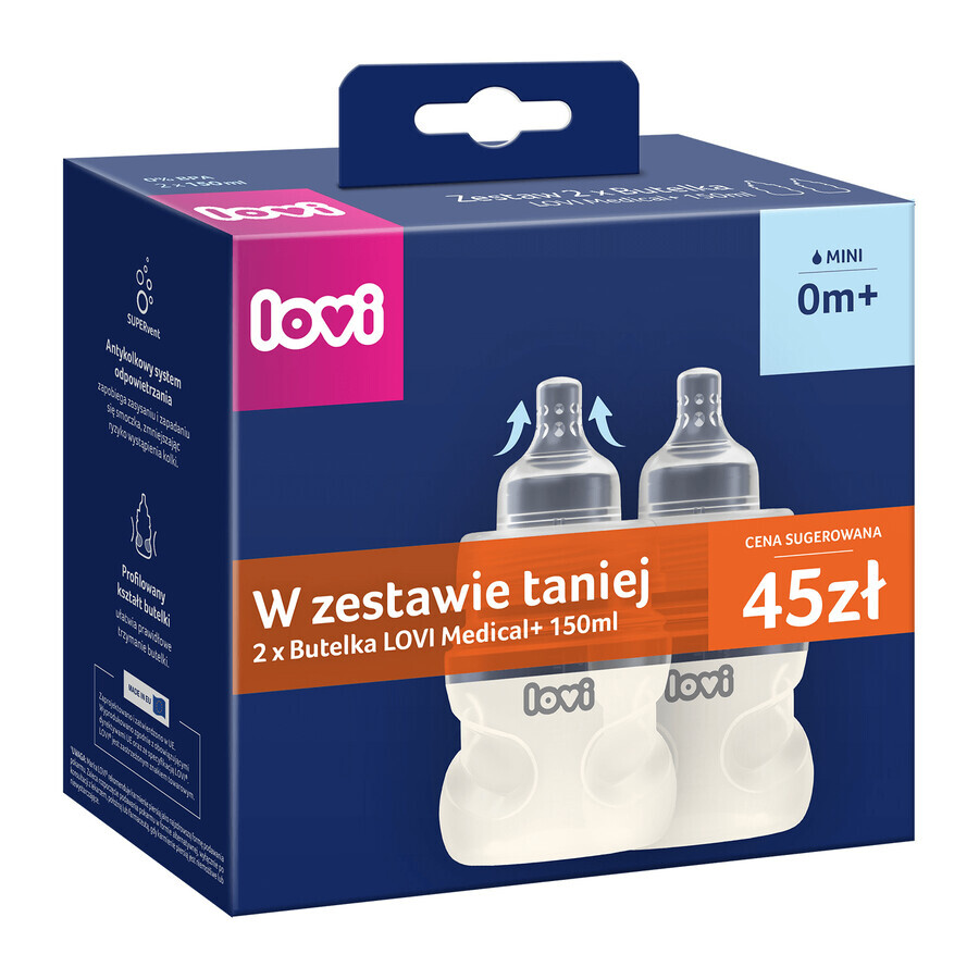 Lovi Medical+ set, biberon anti-colique avec tétine dynamique, mini, dès la naissance, 2 x 150 ml