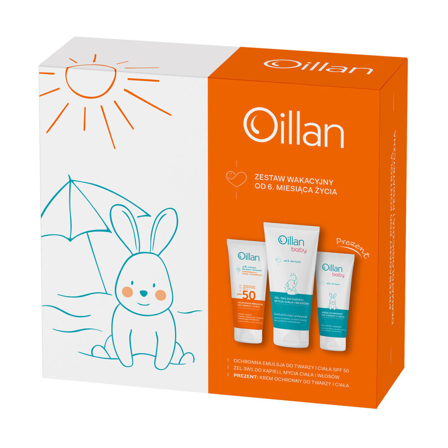 Oillan Sun set, émulsion de protection visage et corps SPF 50, 100 ml + gel de bain 3 en 1, 200 ml + crème de protection, 75 ml + pochette gratuite