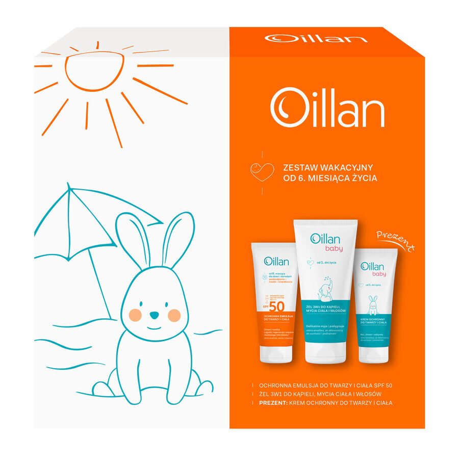 Oillan Sun set, émulsion de protection visage et corps SPF 50, 100 ml + gel de bain 3 en 1, 200 ml + crème de protection, 75 ml + pochette gratuite