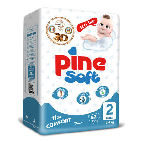 Pine Soft 3D, pañales, talla 2, Mini, 3-6 kg, 52 unidades