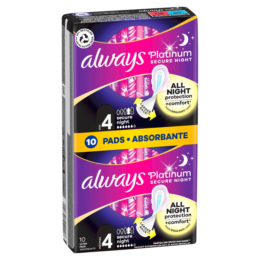 Always Platinum, prosoape igienice cu aripi, mărimea 4, Secure Night, 10 bucăți