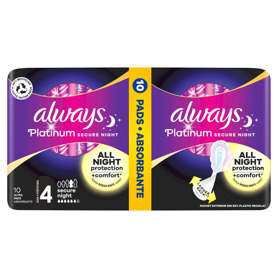 Always Platinum, prosoape igienice cu aripi, mărimea 4, Secure Night, 10 bucăți