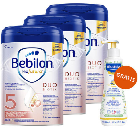 Bebilon Profutura Profutura DuoBiotik 5er Set, nährende Milchnahrung für Vorschulkinder, 3 x 800 g + Mustela Bebe Enfant, nährendes Waschgel, 300 ml gratis