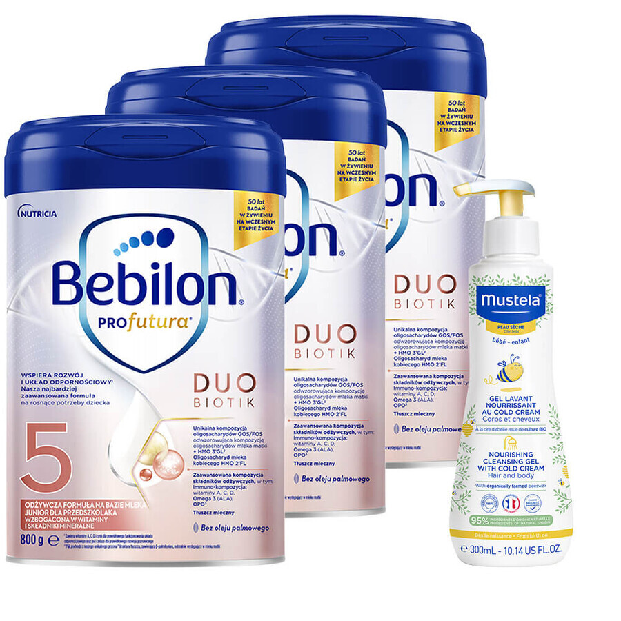 Bebilon Profutura Profutura DuoBiotik 5er Set, nährende Milchnahrung für Vorschulkinder, 3 x 800 g + Mustela Bebe Enfant, nährendes Waschgel, 300 ml gratis