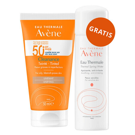 Avene Cleanance Sun, cremă de față protectoare, colorată, ten gras și ten predispus la imperfecțiuni, SPF 50+, 50 ml + apă termală, 50 ml gratis