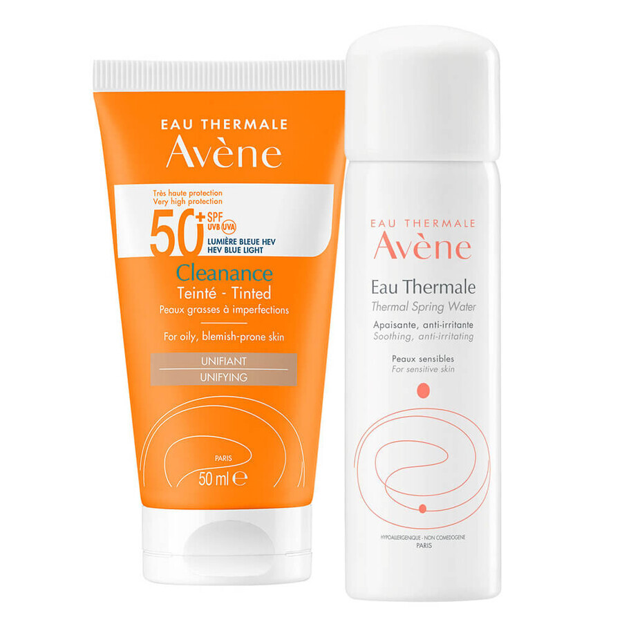 Avene Cleanance Sun, cremă de față protectoare, colorată, ten gras și ten predispus la imperfecțiuni, SPF 50+, 50 ml + apă termală, 50 ml gratis