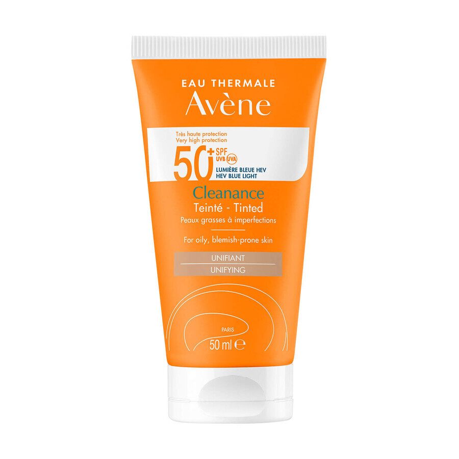 Avene Cleanance Sun, cremă de față protectoare, colorată, ten gras și ten predispus la imperfecțiuni, SPF 50+, 50 ml + apă termală, 50 ml gratis