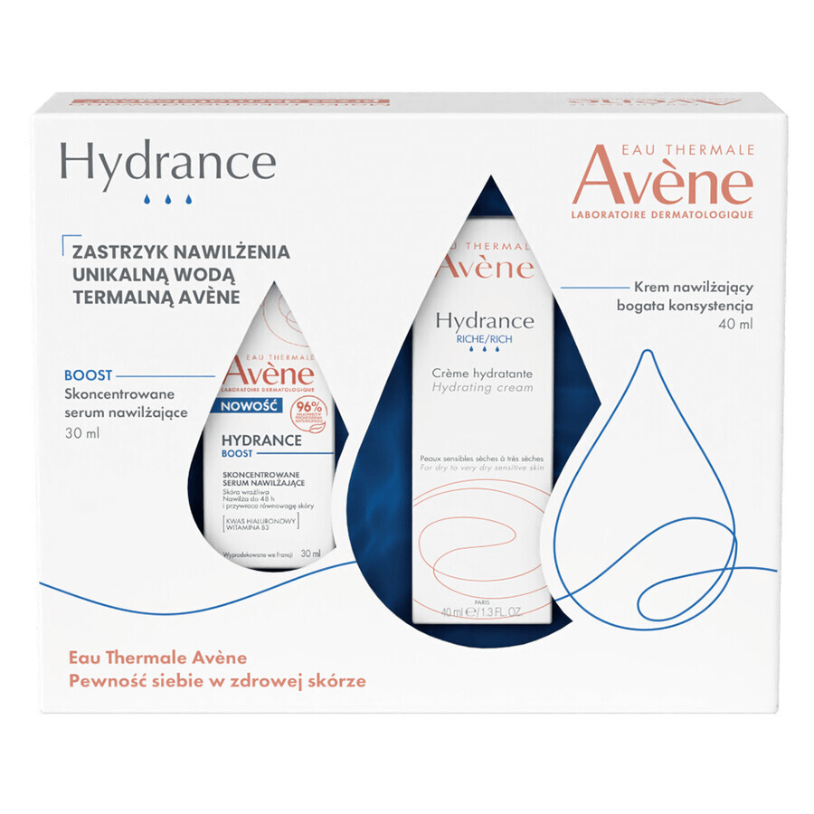 Avène Hydrance Moisture Moisture Shot Set, crème hydratante riche 40 ml + sérum concentré hydratant 30 ml