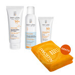 Set Iwostin Solecrin SPF 50+, beschermende emulsie, 100 ml + beschermend schuim, 150 ml + lichaamscrème gel, 200 ml + gratis badhanddoek