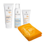 Set Iwostin Solecrin SPF 50+, beschermende emulsie, 100 ml + beschermend schuim, 150 ml + lichaamscrème gel, 200 ml + gratis badhanddoek