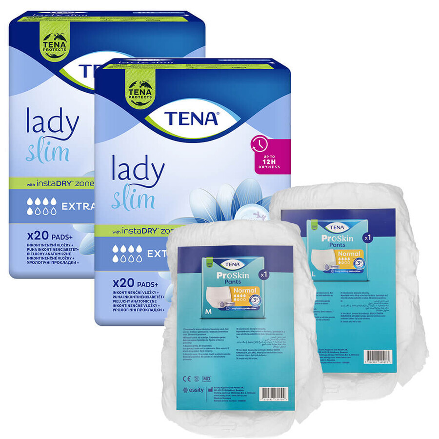 Tena Lady Slim Set, serviettes hygiéniques spécialisées, Extra, 2 x 20 pcs + ProSkin Pants Absorbent Normal Panty, taille M et L, 2 échantillons