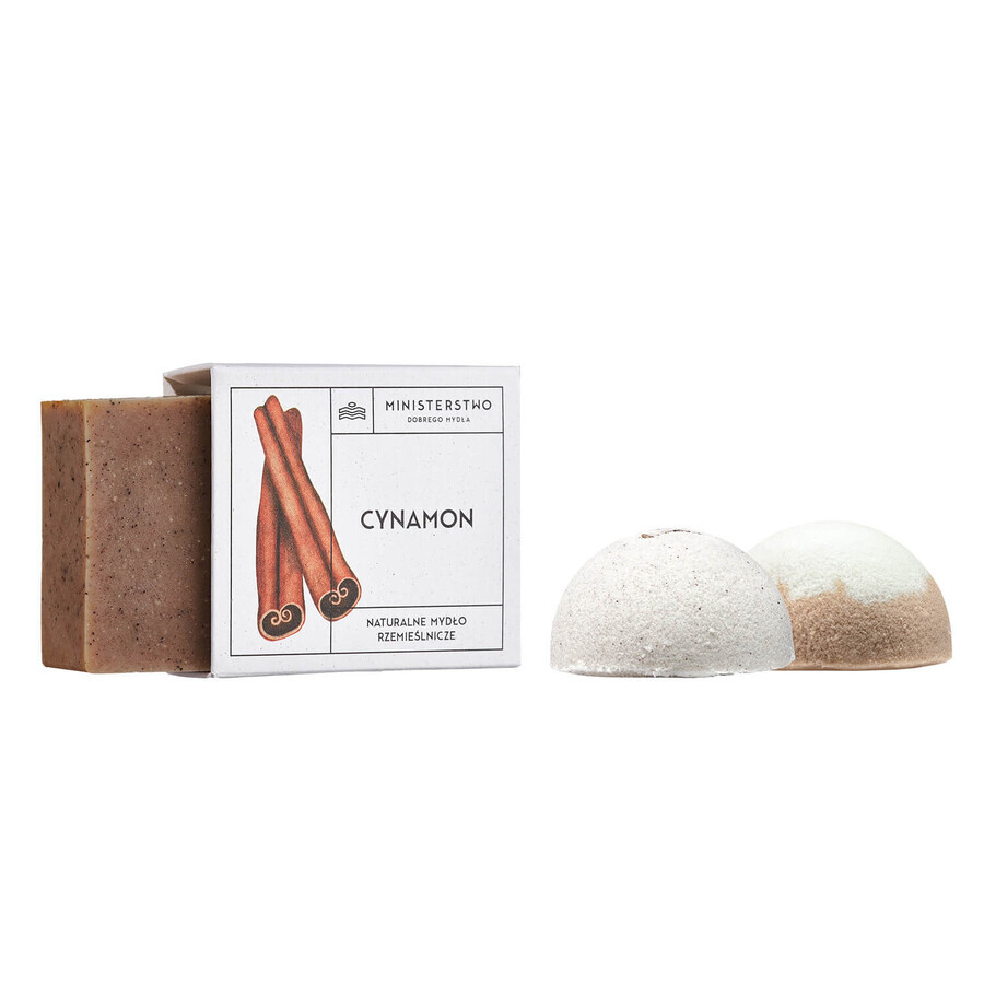 Ministry of Good Soap Set Cannelle, demi-boule de bain, cannelle, 60 g + demi-boule de bain, chocolat, 60 g + pain de savon, cannelle, 100 g