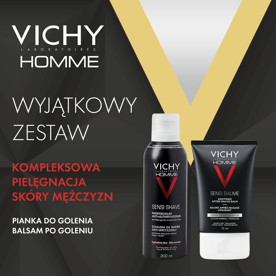 Vichy Homme Sensi set de rasage, mousse de rasage douce et anti-irritante, 200 ml + baume après-rasage apaisant pour peaux sensibles, 50 ml