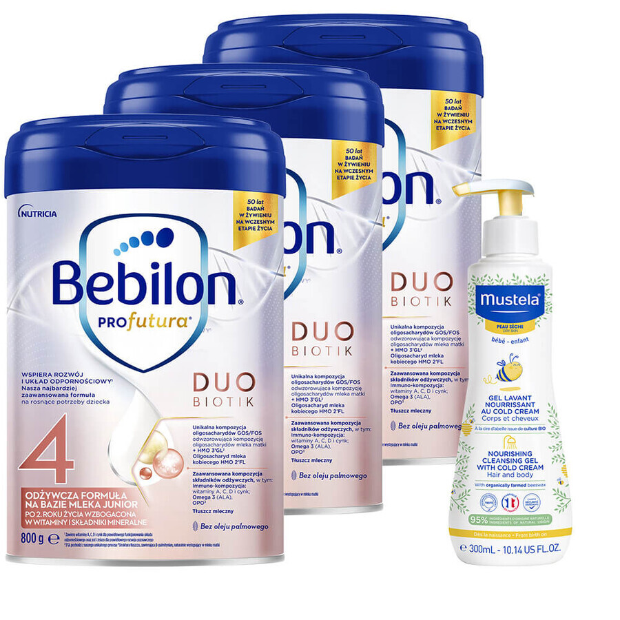 Set Bebilon Profutura Profutura DuoBiotik 4, nährende Milchnahrung, ab 2 Jahren, 3 x 800 g + Mustela Bebe Enfant, nährendes Waschgel, 300 ml gratis