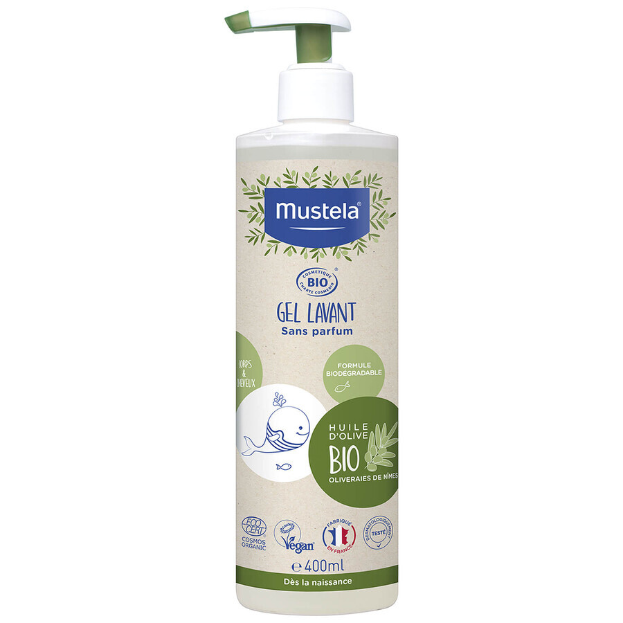 Mustela Bio Set, Reinigungsgel für Körper und Haar, 400 ml + Mizellenwasser, ohne Spülung, 400 ml + Bambuswindel gratis