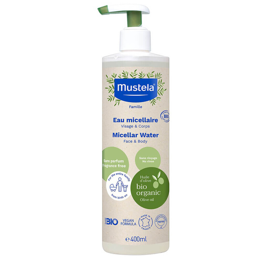 Mustela Bio Set, Reinigungsgel für Körper und Haar, 400 ml + Mizellenwasser, ohne Spülung, 400 ml + Bambuswindel gratis