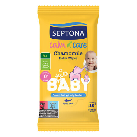 Septona Baby Calm n Care, lingettes humides, camomille, dès 1 jour, 12 pièces