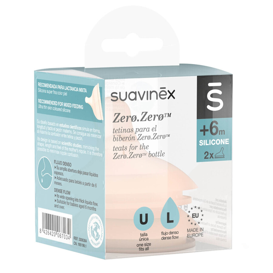 Suavinex Zero Zero, tétine de biberon en silicone, anti-colique, débit rapide, taille L, à partir de 6 mois, 2 pièces