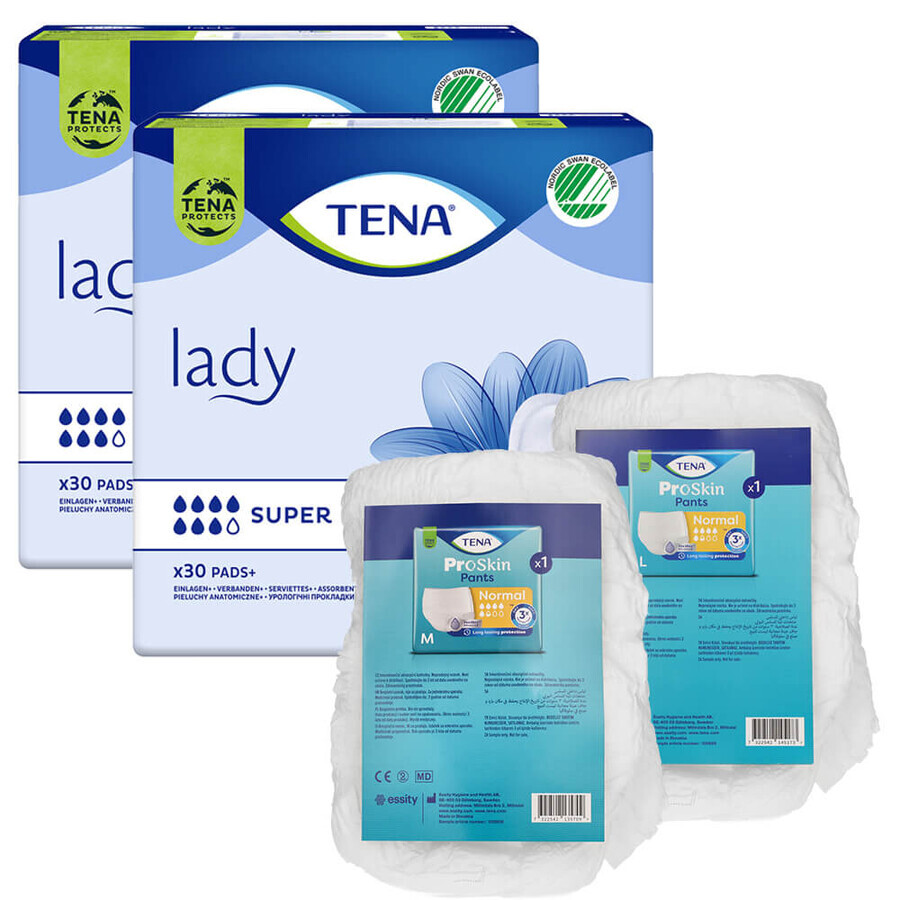 Tena Lady Set, serviettes hygiéniques spécialisées, Super, 2 x 30 pcs + protège-slips absorbants ProSkin Pants, taille M et L, 2 échantillons