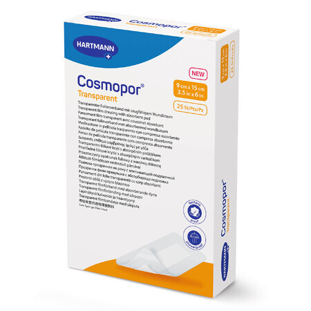 Cosmopor Transparent, pansement en film transparent avec couche absorbante, stérile, 9 x 15 cm, 25 pcs