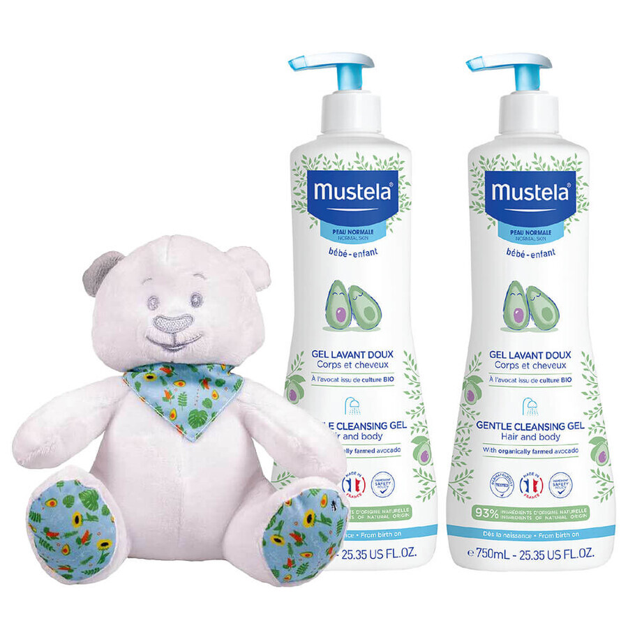 Mustela Bebe Enfant, gel de baño suave, desde el nacimiento, 2 x 750 ml + envoltorio de peluche de regalo