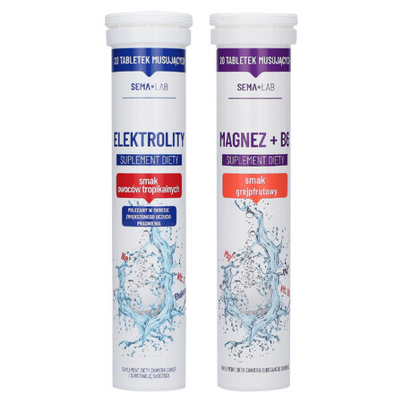 Set SEMA Lab Electrolytes, goût fruits tropicaux, 20 comprimés effervescents + SEMA Lab Magnésium + B6, goût pamplemousse, 20 comprimés effervescents