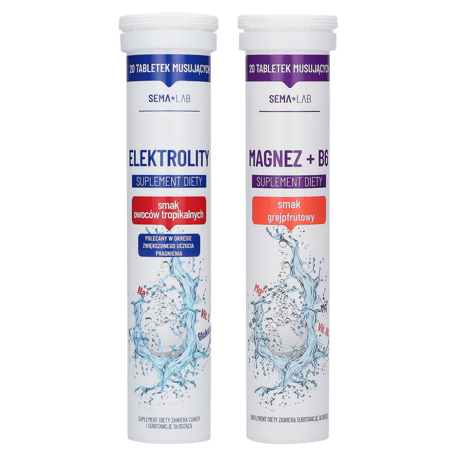 Set SEMA Lab Electrolytes, goût fruits tropicaux, 20 comprimés effervescents + SEMA Lab Magnésium + B6, goût pamplemousse, 20 comprimés effervescents