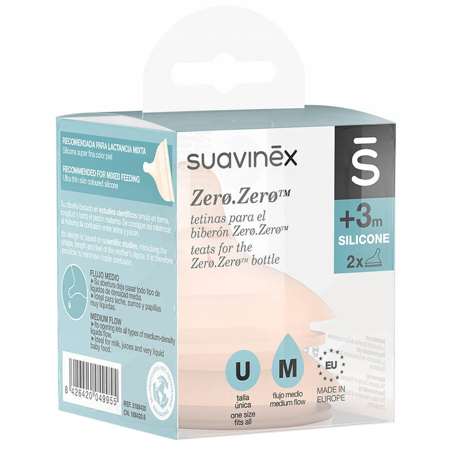 Suavinex Zero Zero, bottle teat, silicone, anti-colic, medium flow, size M, from 3 months, 2 pieces