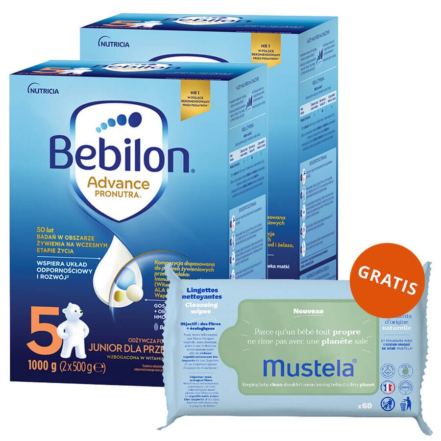 Set Bebilon Advance Pronutra 5 Junior, lait maternisé pour enfants d'âge préscolaire, 2 x 1000 g + lingettes humides Mustela, 60 pièces gratuites