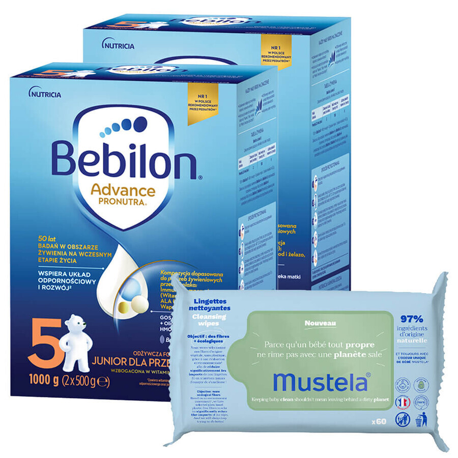 Set Bebilon Advance Pronutra 5 Junior, lait maternisé pour enfants d'âge préscolaire, 2 x 1000 g + lingettes humides Mustela, 60 pièces gratuites