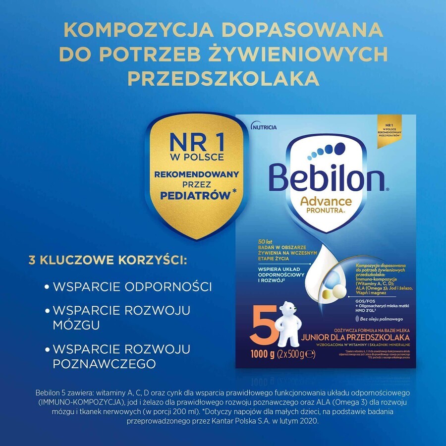 Set Bebilon Advance Pronutra 5 Junior, lait maternisé pour enfants d'âge préscolaire, 2 x 1000 g + lingettes humides Mustela, 60 pièces gratuites