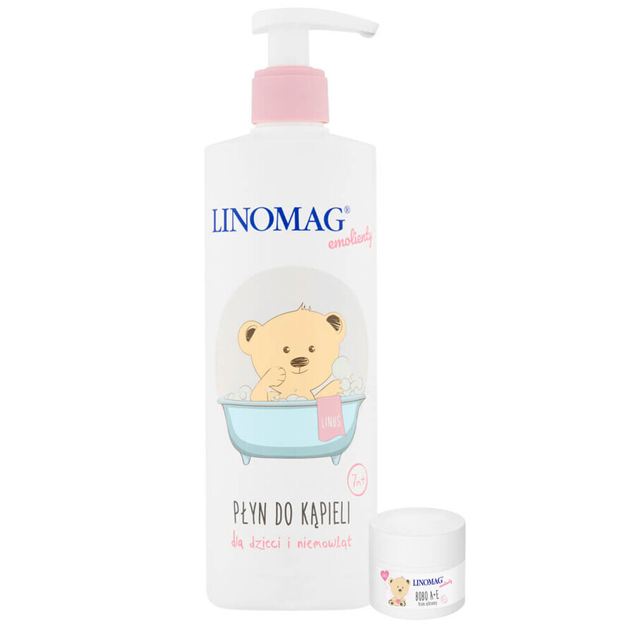 Linomag Emolients, lozione da bagno per neonati e bambini a partire da 7 mesi, 400 ml + crema protettiva, 15 ml in omaggio