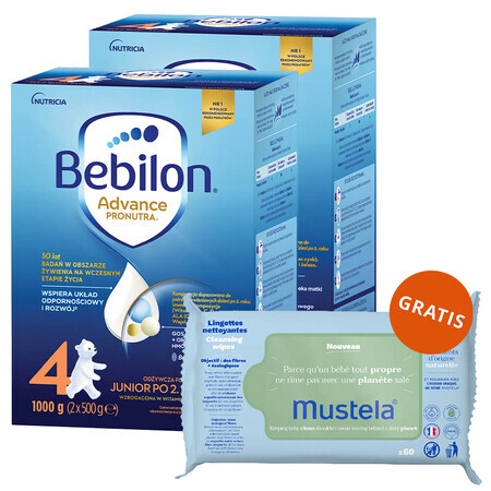 Set Bebilon Advance Pronutra 4 Junior, lait maternisé, après 2 ans, 2 x 1000 g + lingettes humides Mustela, 60 gratuites