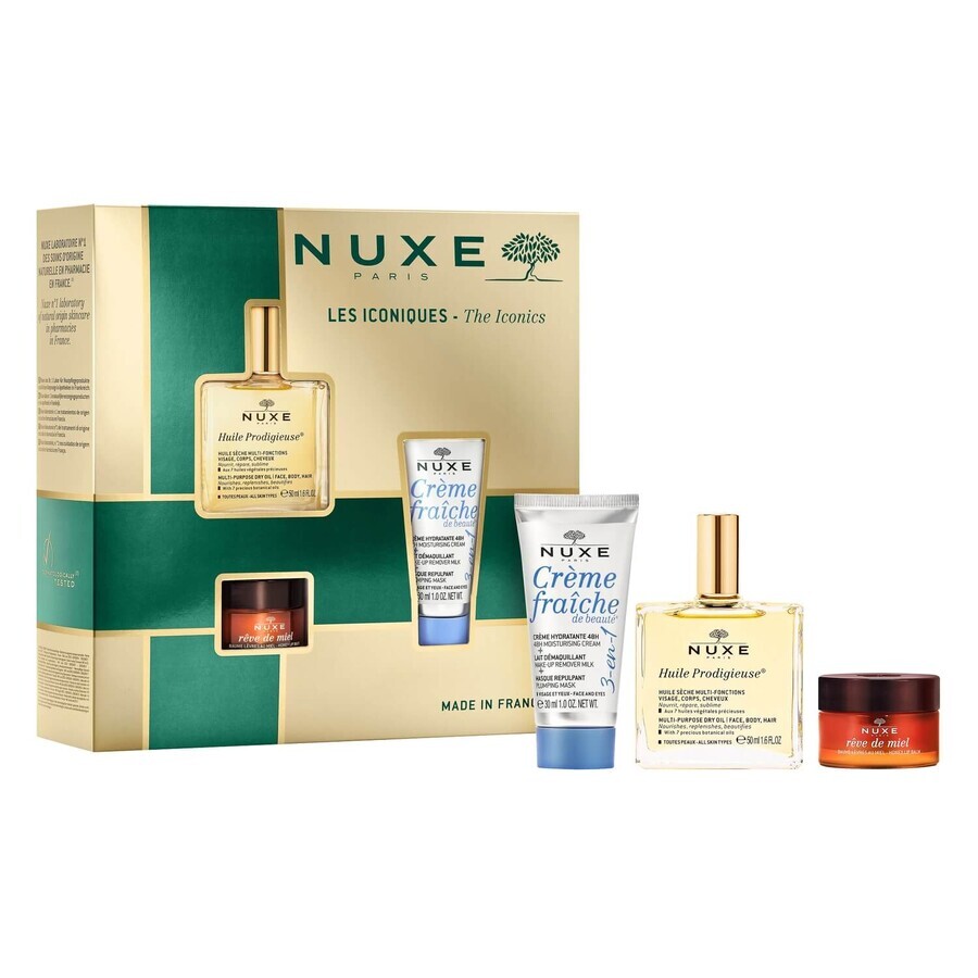 Nuxe Bestsellers Set Huile Prodigieuse, Trockenöl, 50 ml + nährender Lippenbalsam, 15 g + 3-in-1-Feuchtigkeitscreme, 100 ml