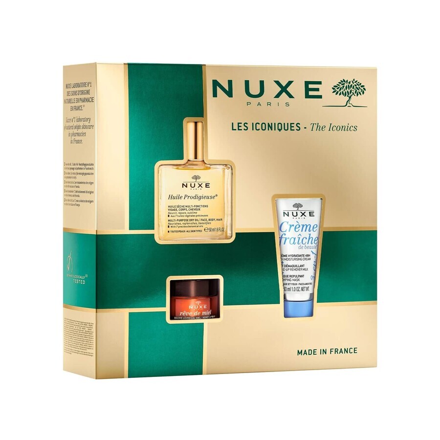 Nuxe Bestsellers Set Huile Prodigieuse, Trockenöl, 50 ml + nährender Lippenbalsam, 15 g + 3-in-1-Feuchtigkeitscreme, 100 ml