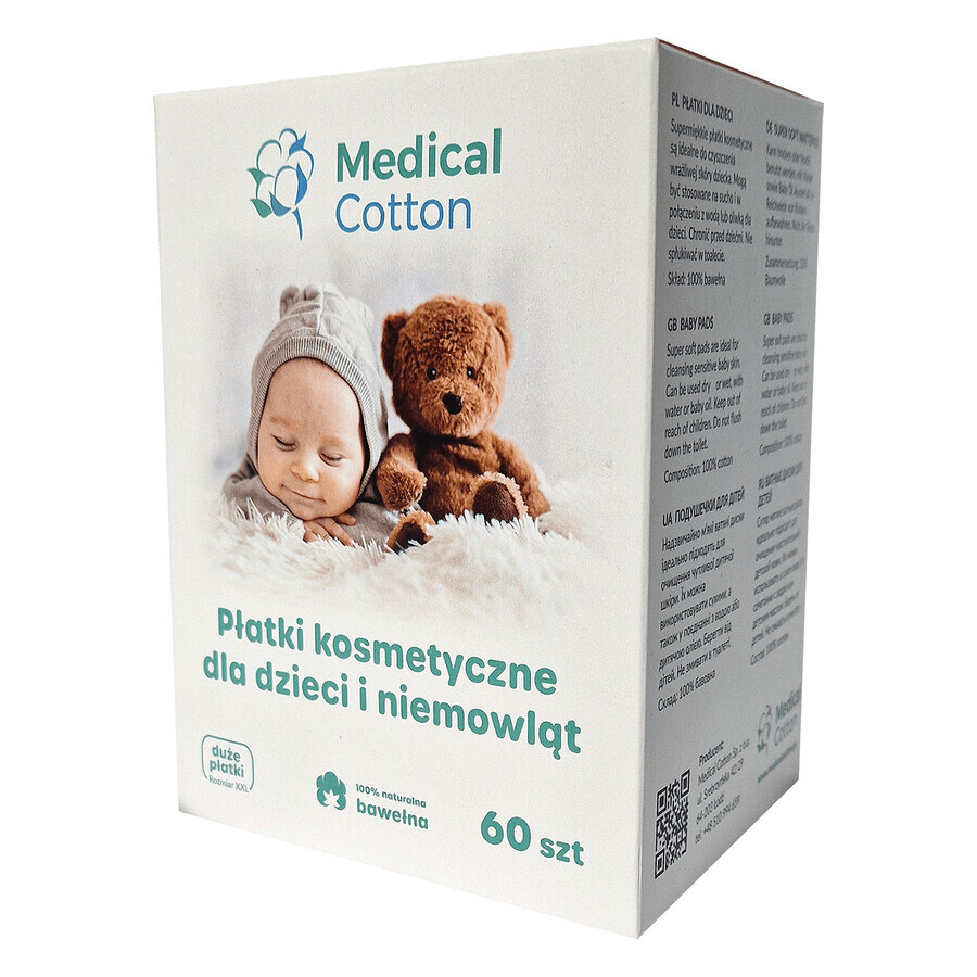 Set van medisch katoen, cosmetische pads voor baby's en kinderen, groot, 100% katoen, vanaf de geboorte, 12 x 60 stuks