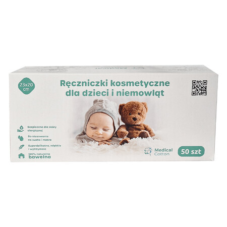 Medical Cotton, Kosmetiktuch für Babys und Kinder, 23 x 20 cm, 100% Baumwolle, ab Geburt, 50 Stück