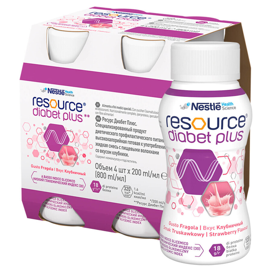 Resource Diabetes Plus, goût fraise, 4 x 200 ml + sac de courses gratuit