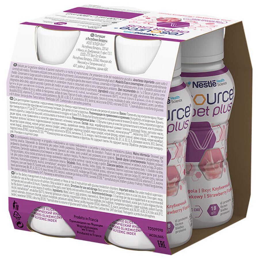 Resource Diabetes Plus, goût fraise, 4 x 200 ml + sac de courses gratuit