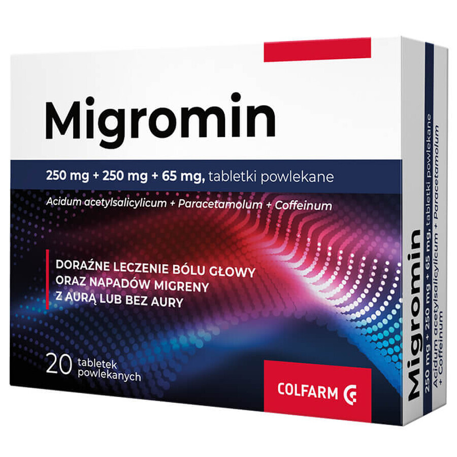 Migromin 250 mg + 250 mg + 65 mg, 20 comprimés