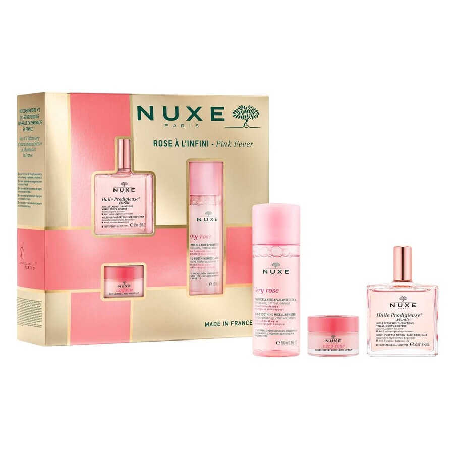 Lote Nuxe Bestsellers Huile Prodigieuse Florale, aceite seco, 50 ml + agua micelar calmante 3 en 1, 100 ml + bálsamo labial de rosa, 15 g