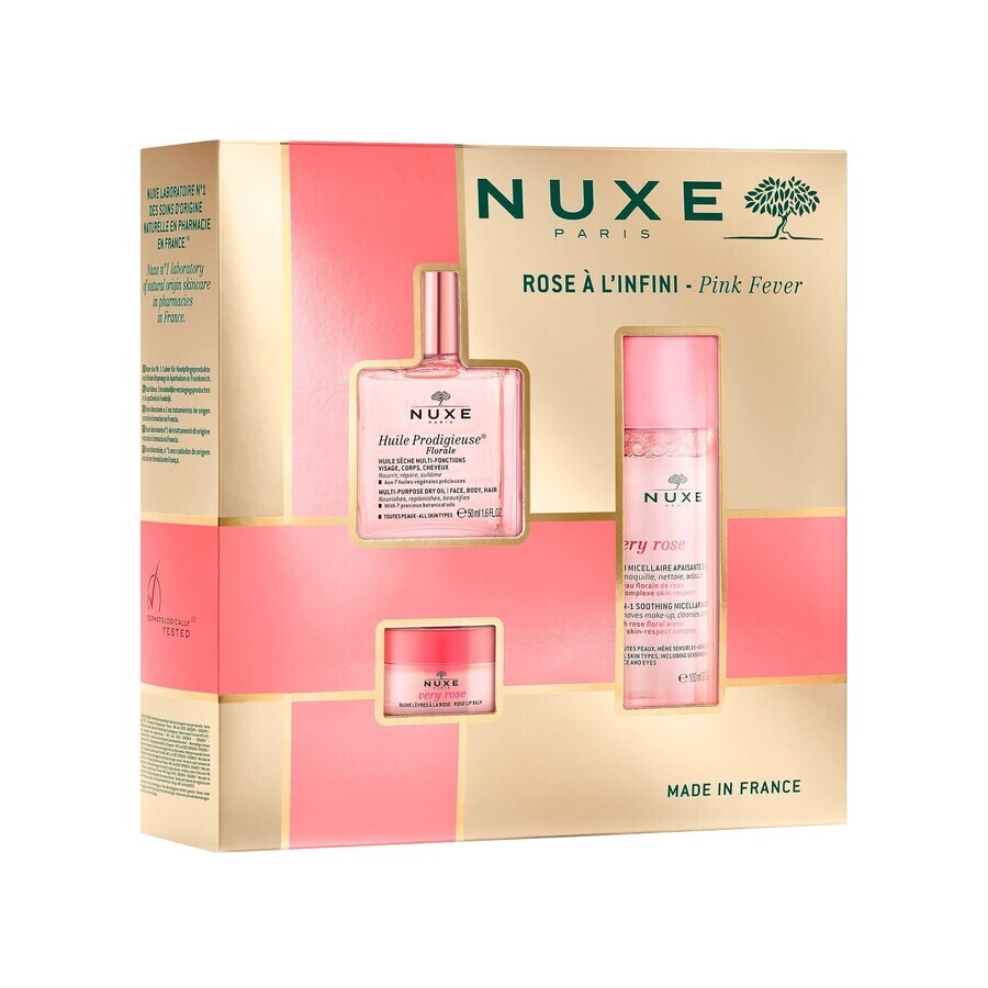 Lote Nuxe Bestsellers Huile Prodigieuse Florale, aceite seco, 50 ml + agua micelar calmante 3 en 1, 100 ml + bálsamo labial de rosa, 15 g