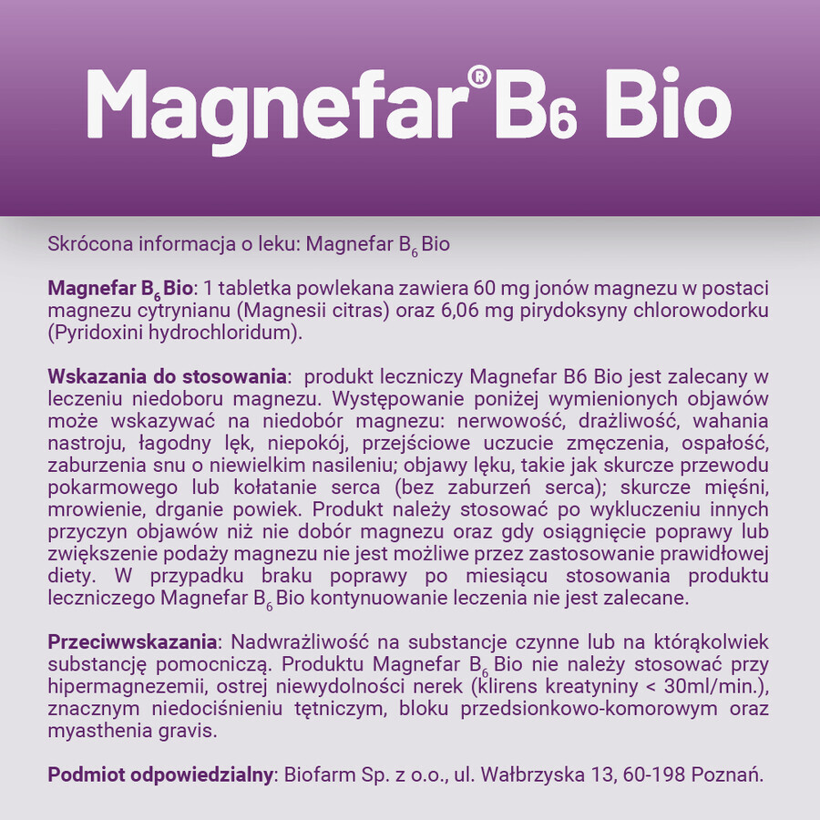 Magnefar B6 Bio 60 mg + 6,06 mg, 60 comprimés pelliculés