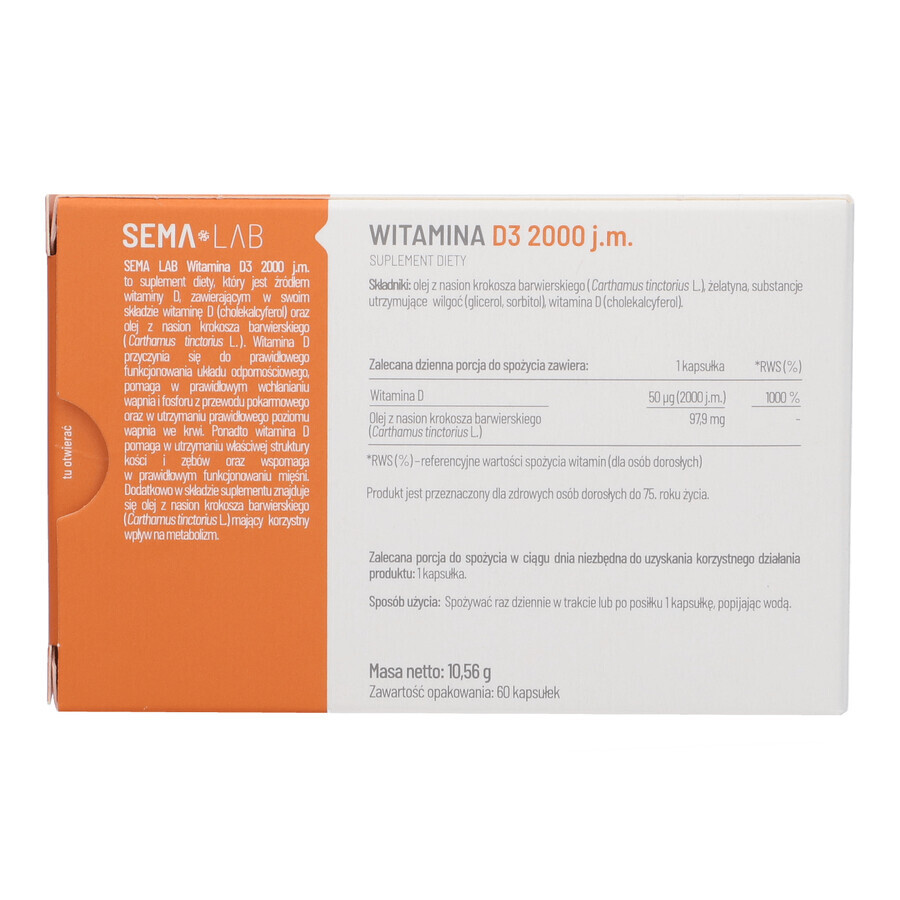 SEMA Lab Vitamin D3 2000 IU, 60 softgels