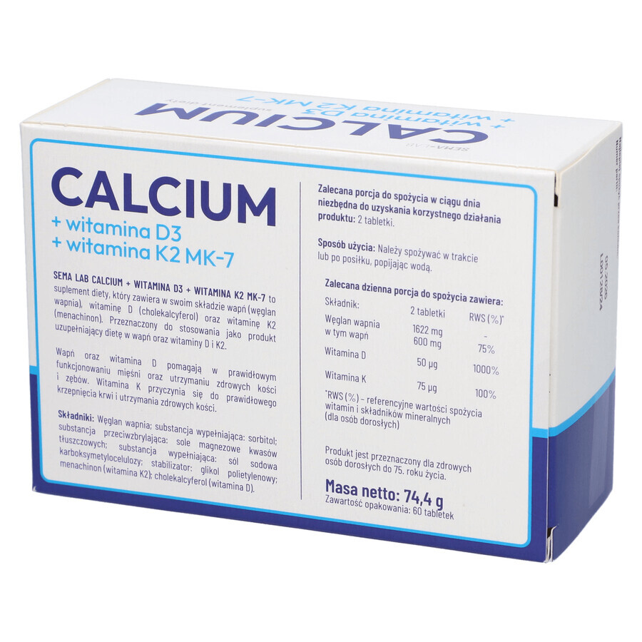 SEMA Lab Calcium + vitamin D3 + vitamin K2 MK-7, 60 hard tablets